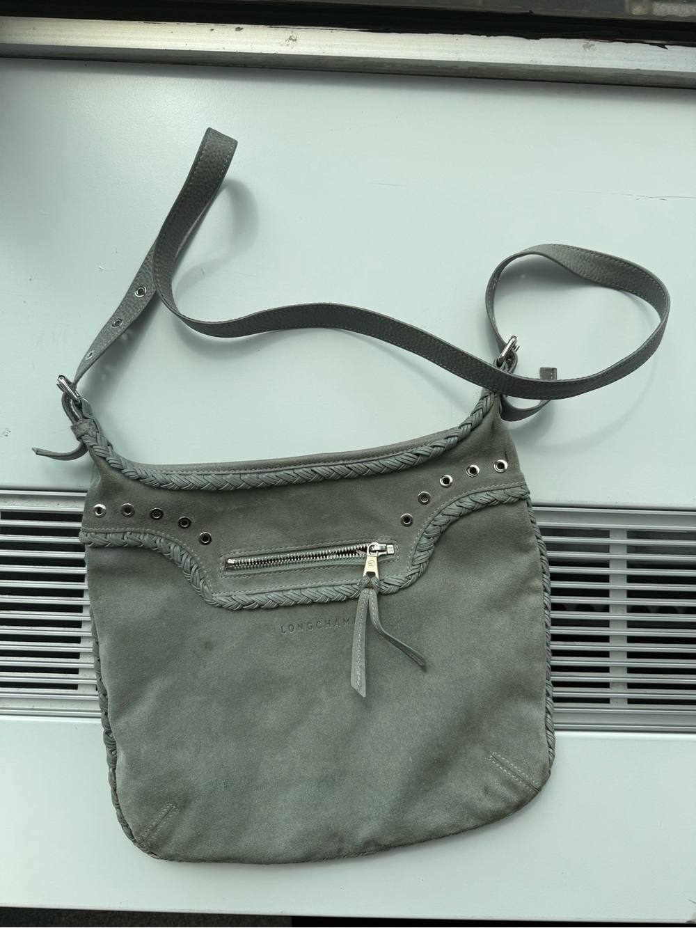 Longchamp Gray Suede Braided Trim Crossbody Bag